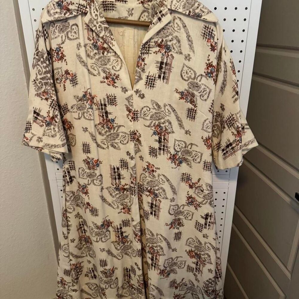 Vintage 60s 70s Paisley Floral House Dress Cream Brown Midi